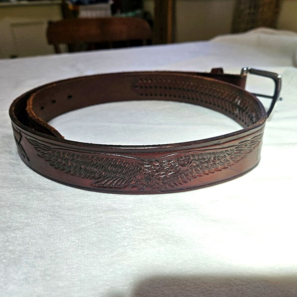 Leather Belt Mens Sz 40 Brown Tooled Eagle Design Braided Western Southwestern